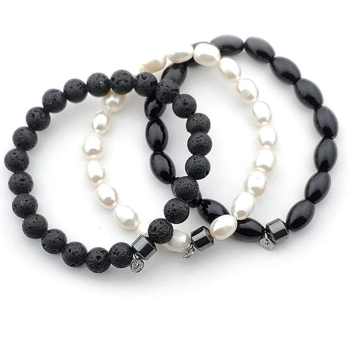 BRACELETS - KIT of 3 - Onyx & Freshwater Pearls & Volcanic Stones