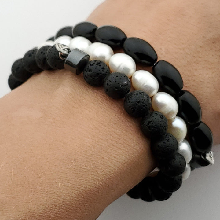 BRACELETS - KIT of 3 - Onyx & Freshwater Pearls & Volcanic Stones